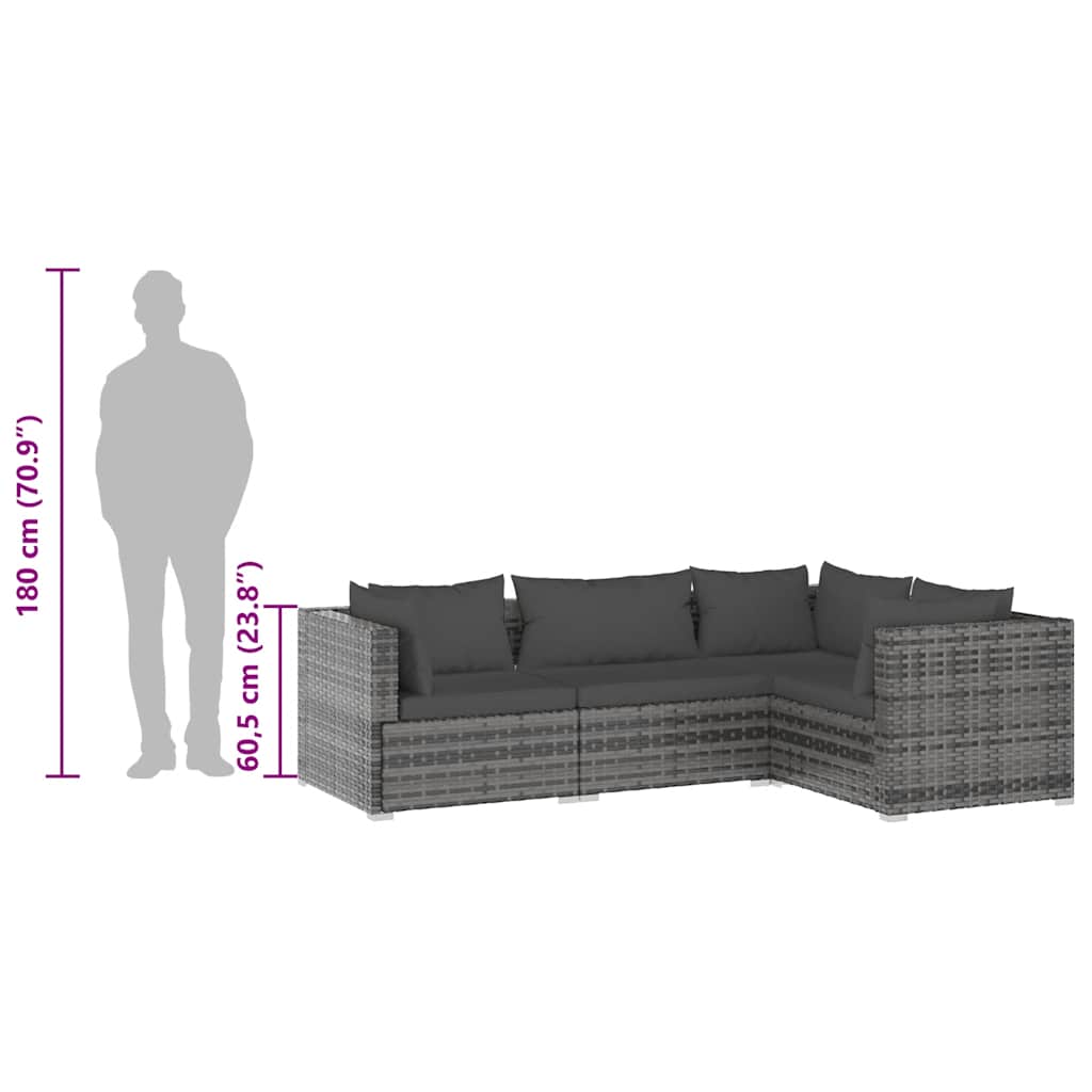 4 Piece Garden Lounge Set with Cushions Poly Rattan Grey