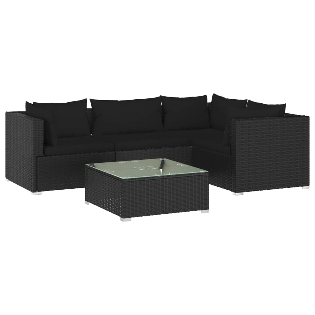 5 Piece Garden Lounge Set with Cushions Poly Rattan Black