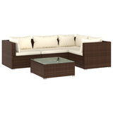 5 Piece Garden Lounge Set with Cushions Poly Rattan Brown - Front View