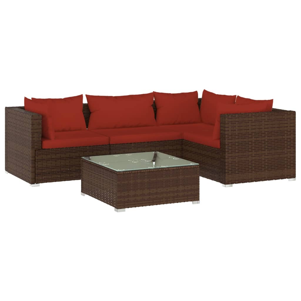 5 Piece Garden Lounge Set with Cushions Poly Rattan Brown