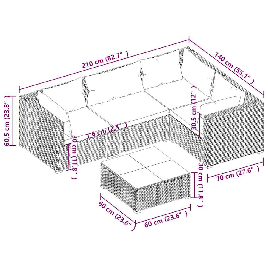 5 Piece Garden Lounge Set with Cushions Poly Rattan Brown