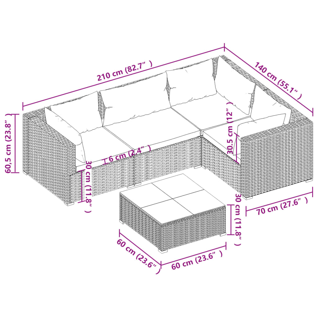 5 Piece Garden Lounge Set with Cushions Poly Rattan Grey