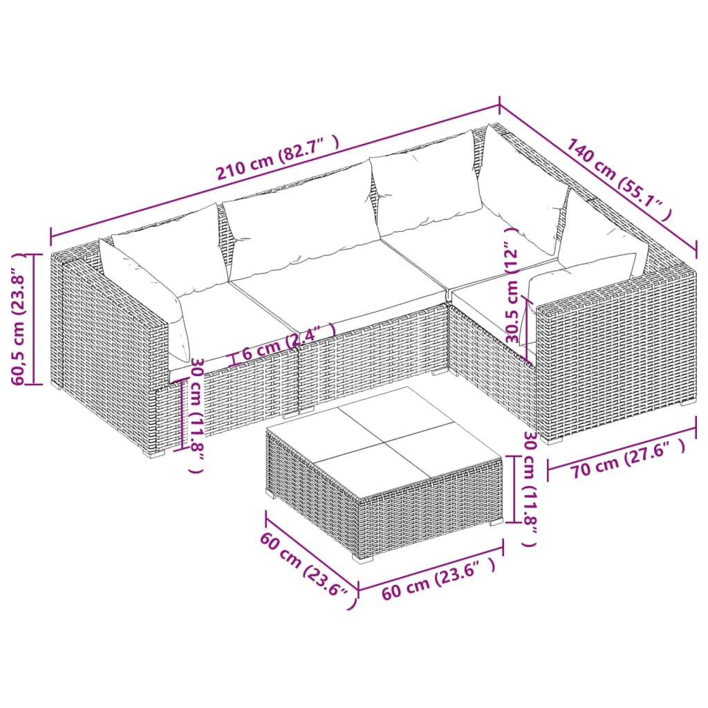 5 Piece Garden Lounge Set with Cushions Poly Rattan Grey