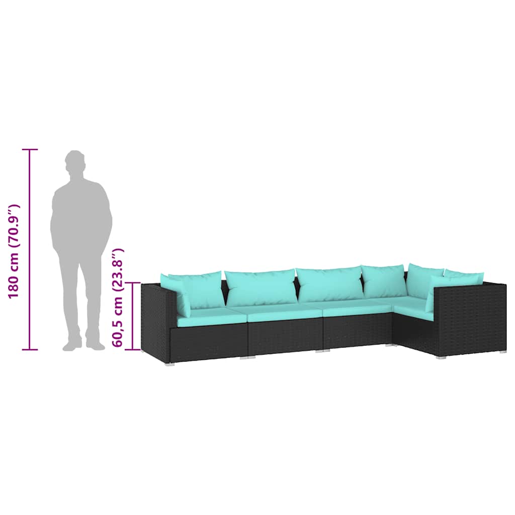 5 Piece Garden Lounge Set with Cushions Poly Rattan Black