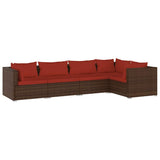 5 Piece Garden Lounge Set with Cushions Poly Rattan Brown - Front View