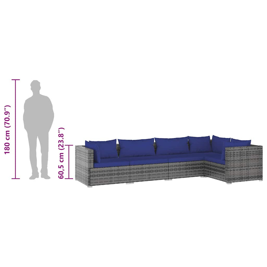 5 Piece Garden Lounge Set with Cushions Poly Rattan Grey