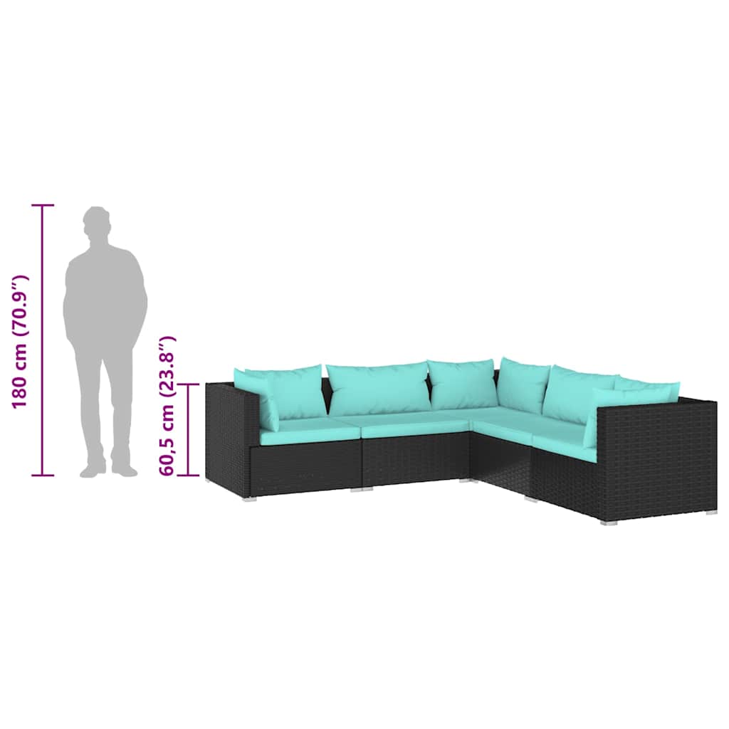 5 Piece Garden Lounge Set with Cushions Poly Rattan Black