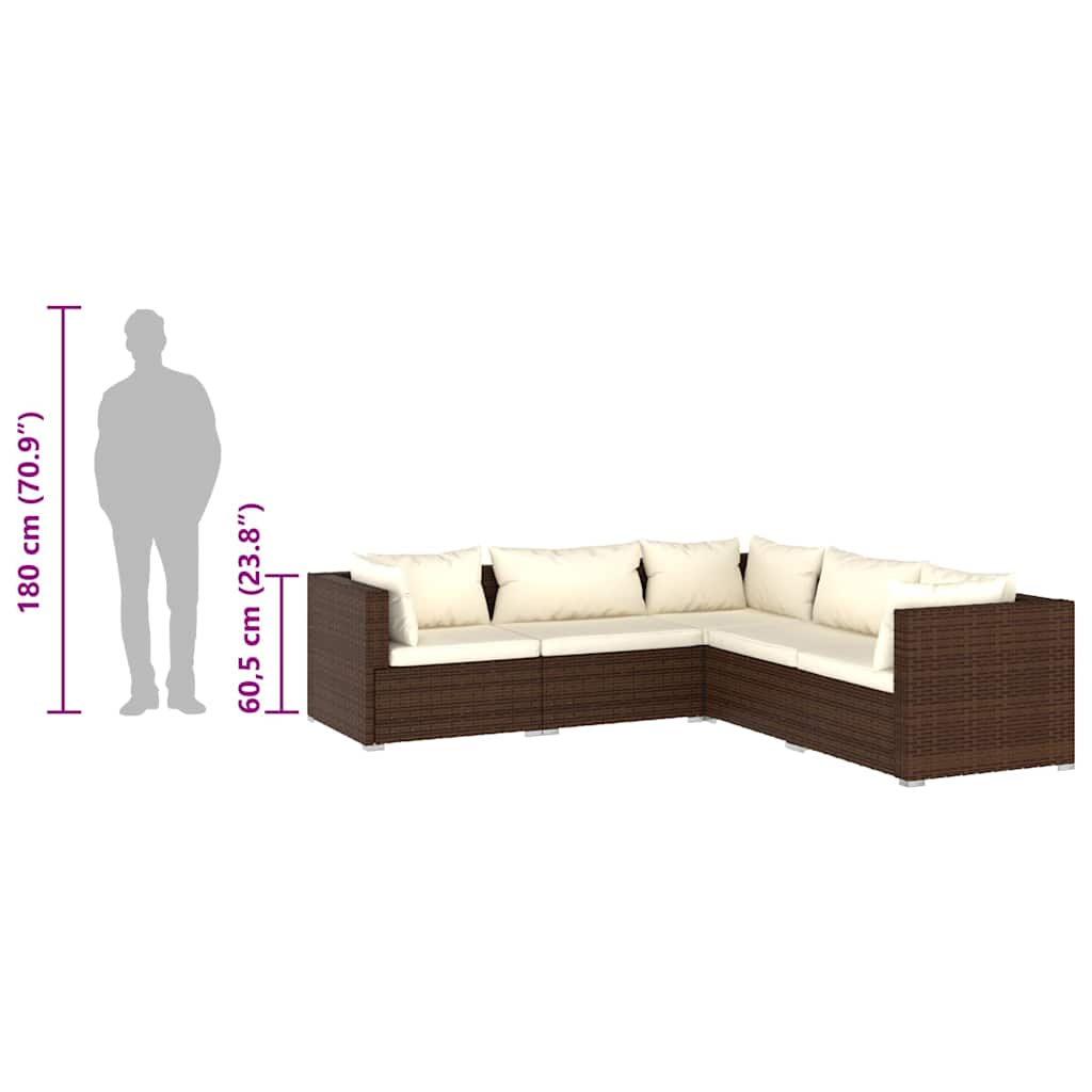 5 Piece Garden Lounge Set with Cushions Poly Rattan Brown