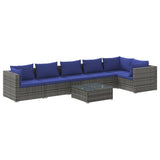 7 Piece Garden Lounge Set with Cushions Poly Rattan Grey - Front View