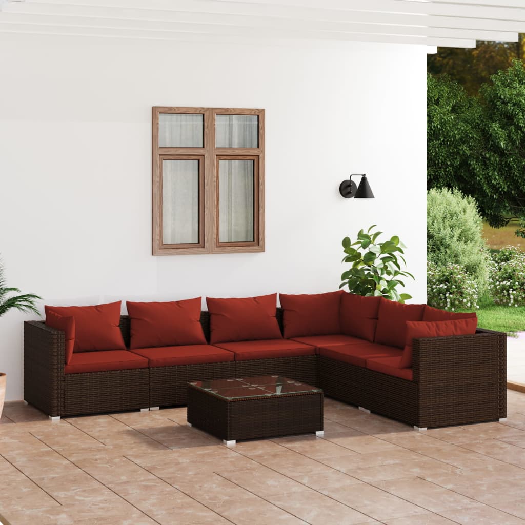 7 Piece Garden Lounge Set with Cushions Poly Rattan Brown