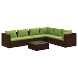 7 Piece Garden Lounge Set with Cushions Poly Rattan Brown - Front View