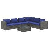 7 Piece Garden Lounge Set with Cushions Poly Rattan Grey - Front View