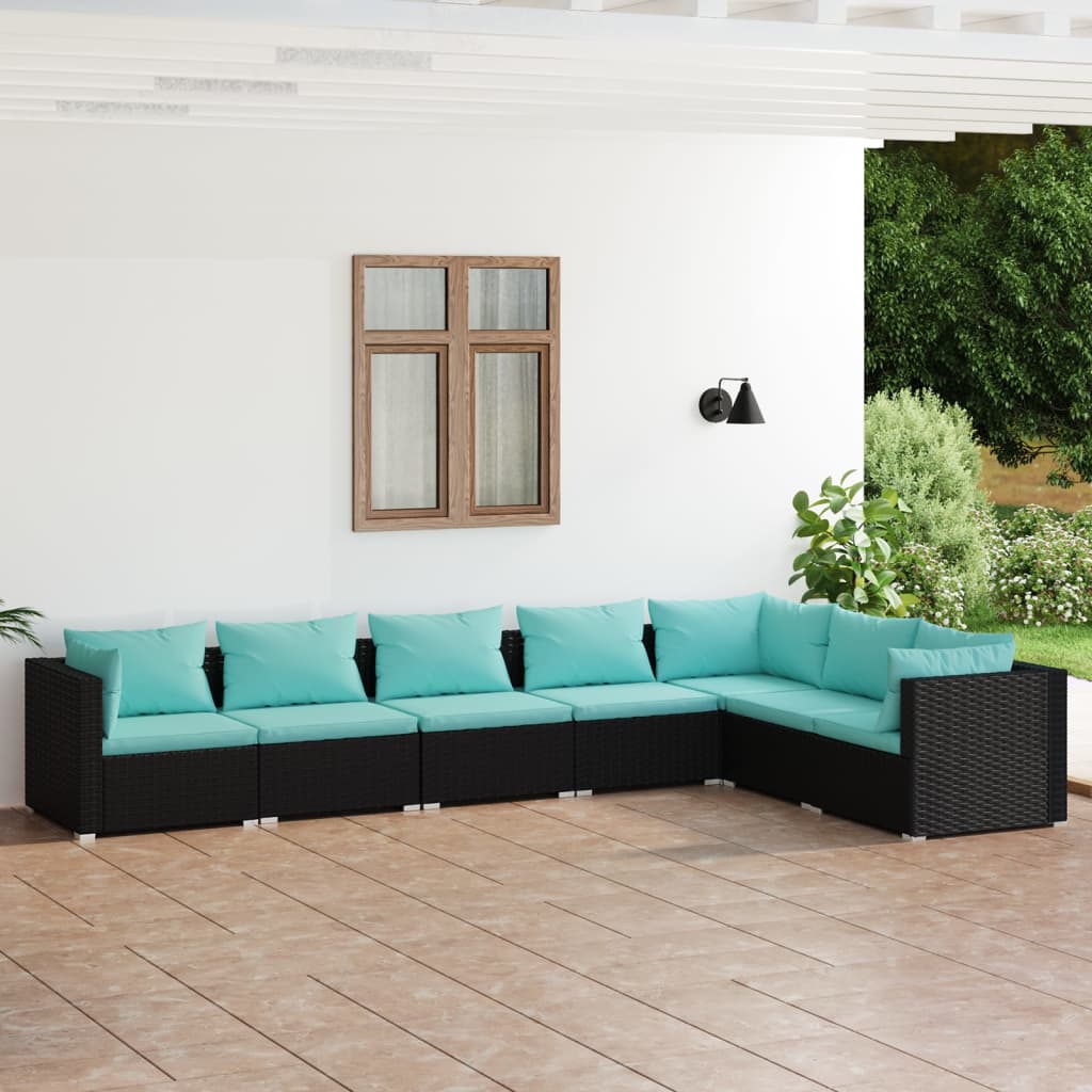 7 Piece Garden Lounge Set with Cushions Poly Rattan Black