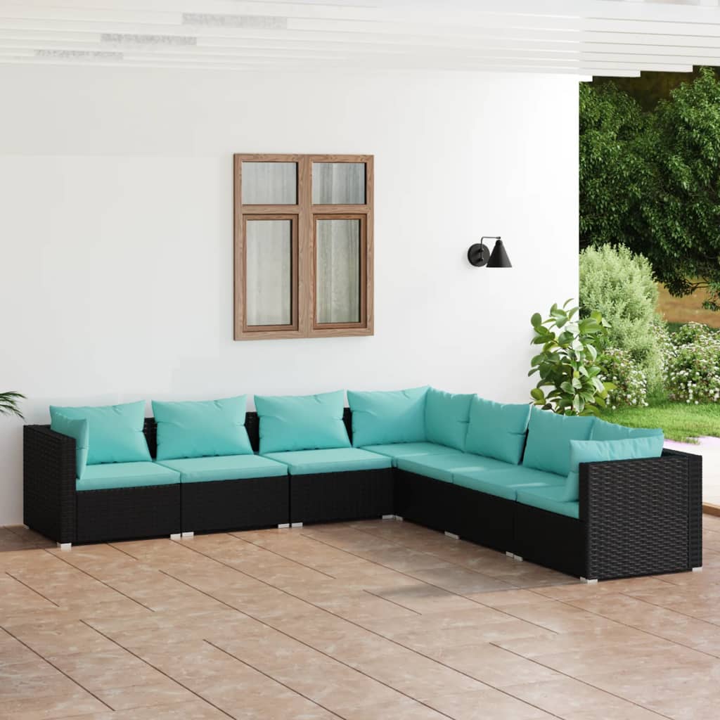 7 Piece Garden Lounge Set with Cushions Poly Rattan Black