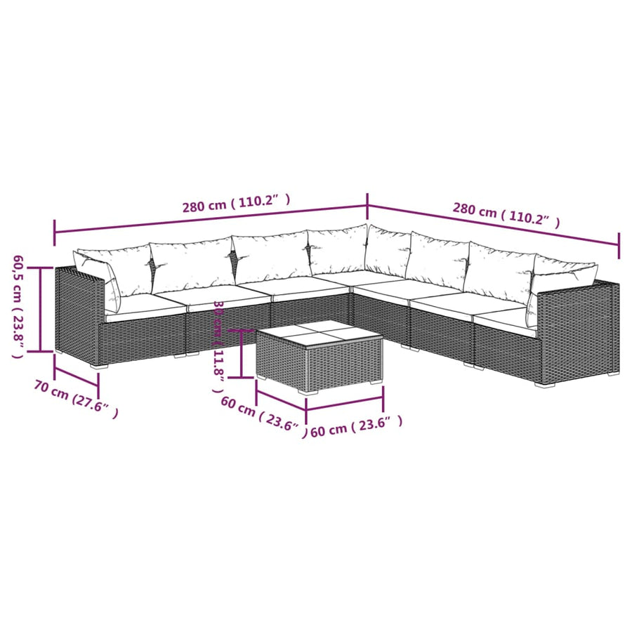 8 Piece Garden Lounge Set with Cushions Poly Rattan Grey