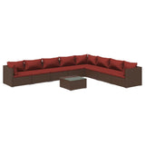 9 Piece Garden Lounge Set with Cushions Poly Rattan Brown - Front View