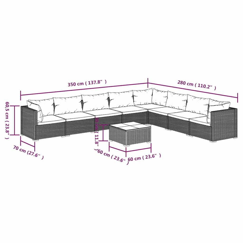9 Piece Garden Lounge Set with Cushions Poly Rattan Grey