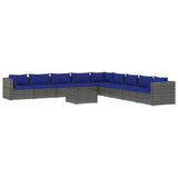 10 Piece Garden Lounge Set with Cushions Poly Rattan Grey - Front View