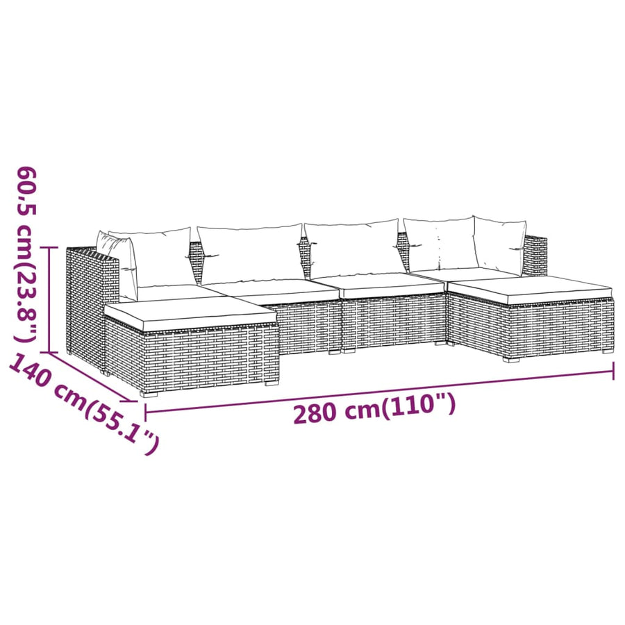 6 Piece Garden Lounge Set with Cushions Poly Rattan Grey