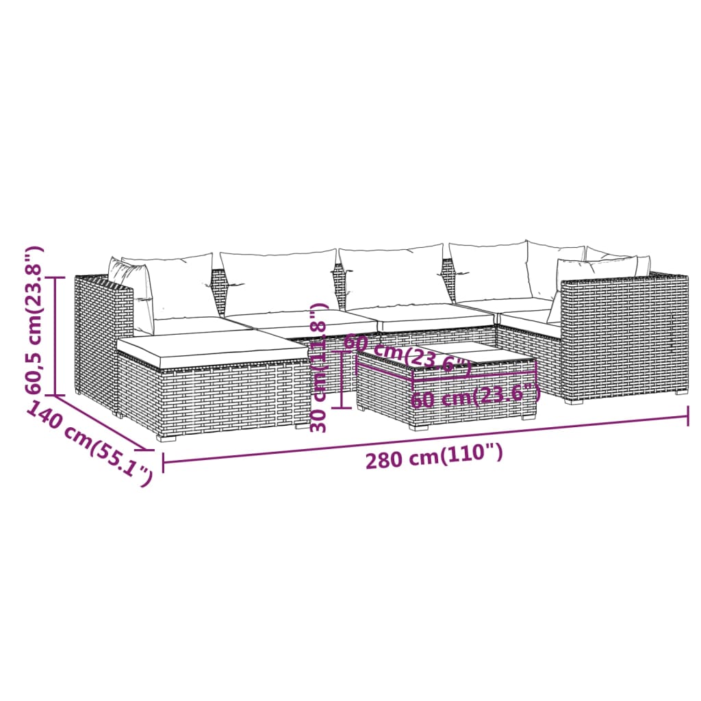 7 Piece Garden Lounge Set with Cushions Poly Rattan Brown