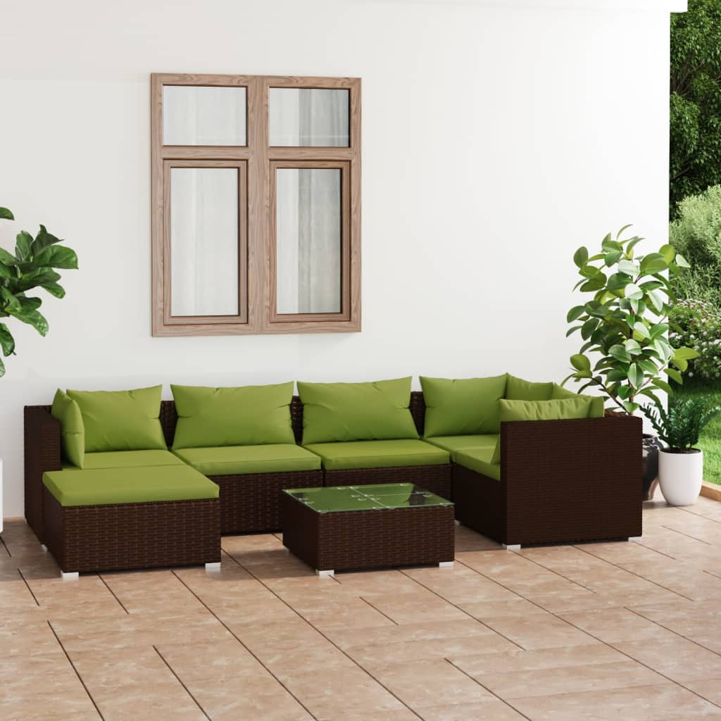 7 Piece Garden Lounge Set with Cushions Poly Rattan Brown