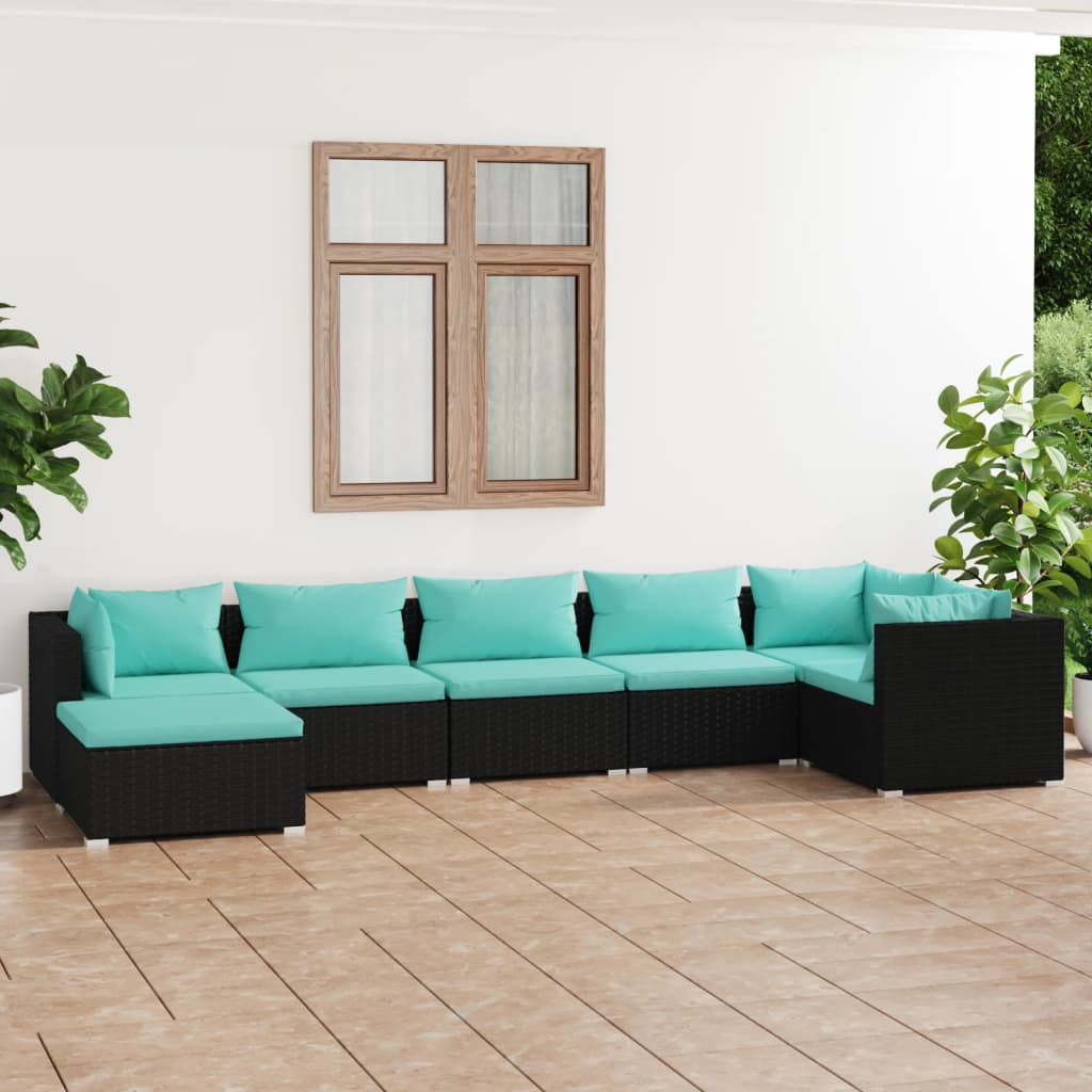 7 Piece Garden Lounge Set with Cushions Poly Rattan Black