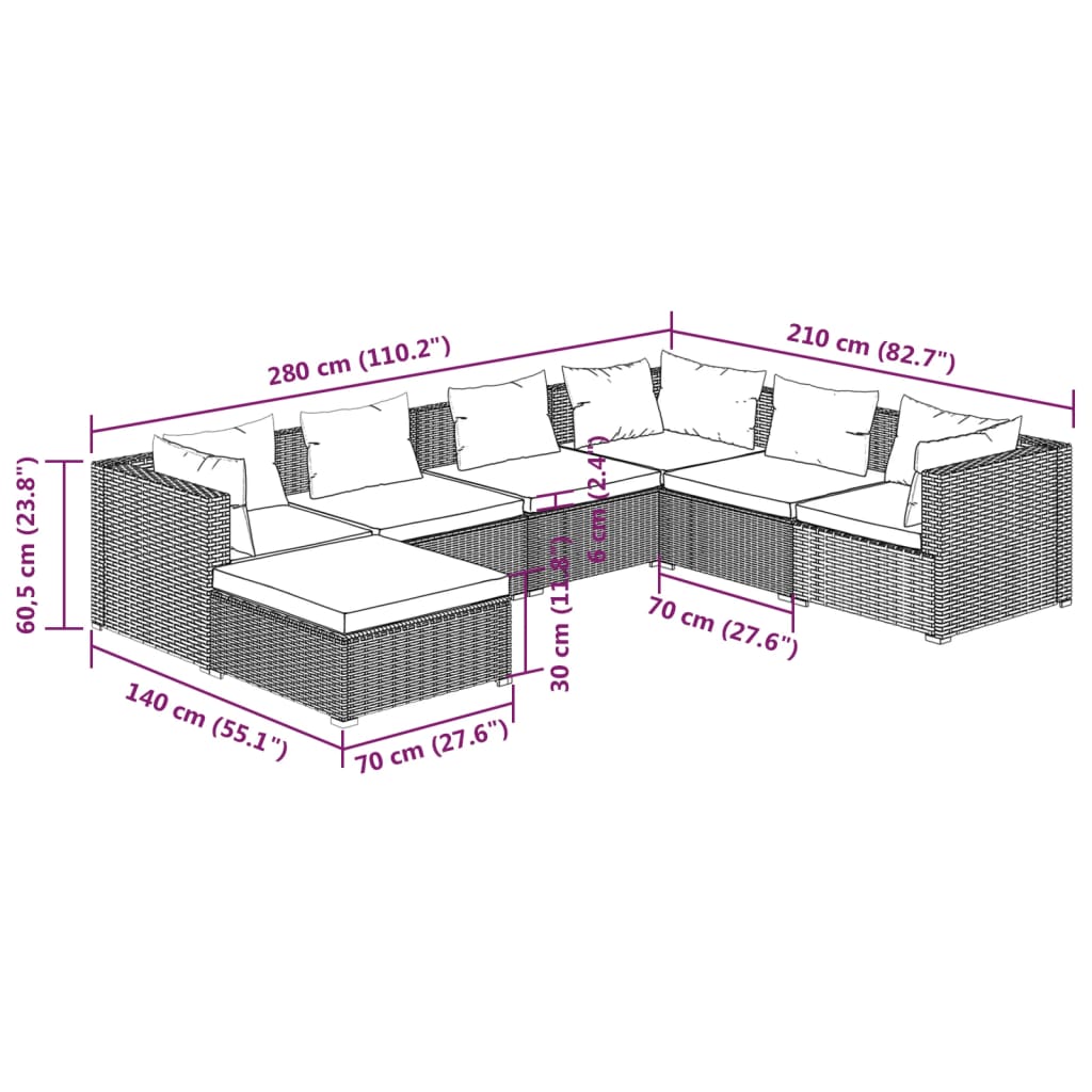 7 Piece Garden Lounge Set with Cushions Poly Rattan Black