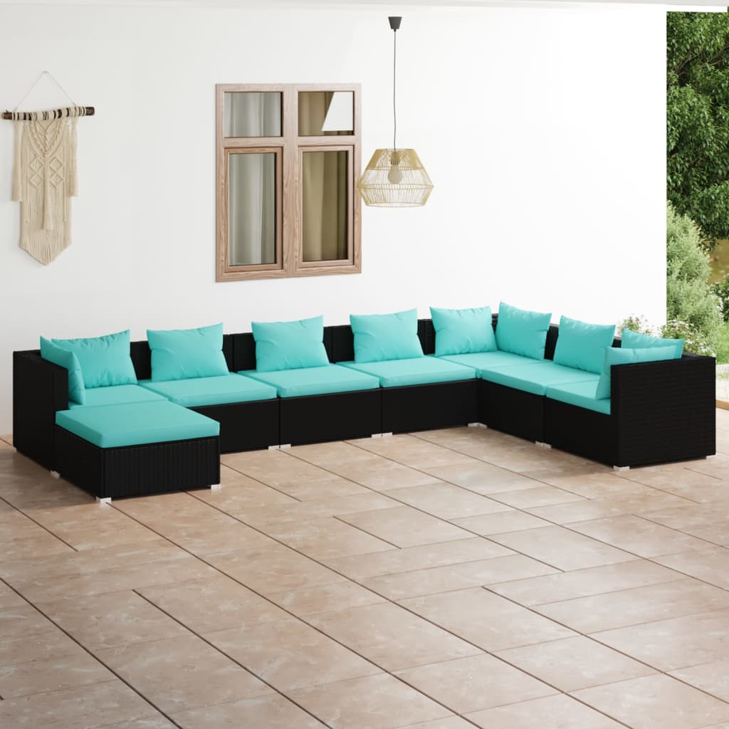 8 Piece Garden Lounge Set with Cushions Poly Rattan Black