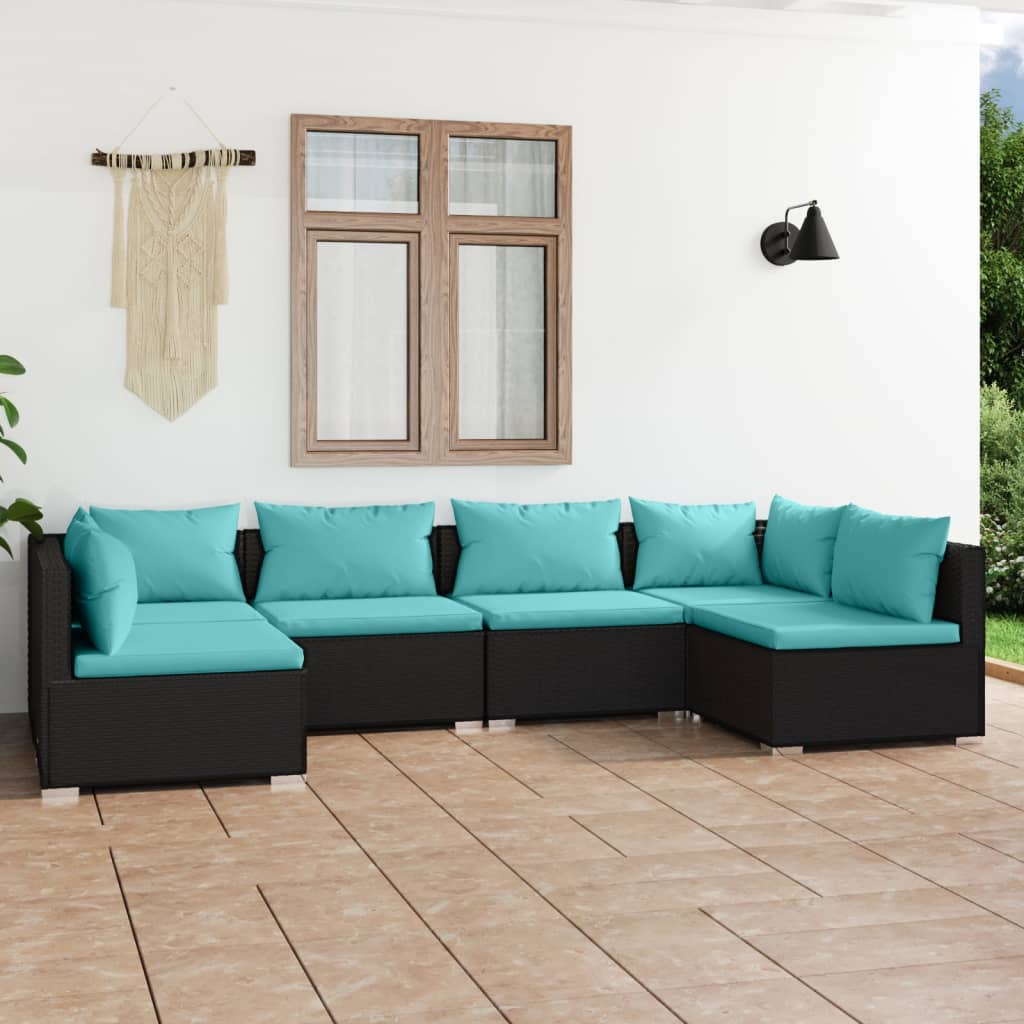 6 Piece Garden Lounge Set with Cushions Poly Rattan Black
