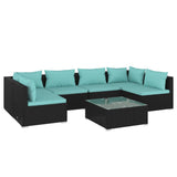 7 Piece Garden Lounge Set with Cushions Poly Rattan Black - Front View