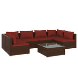 7 Piece Garden Lounge Set with Cushions Poly Rattan Brown - Front View