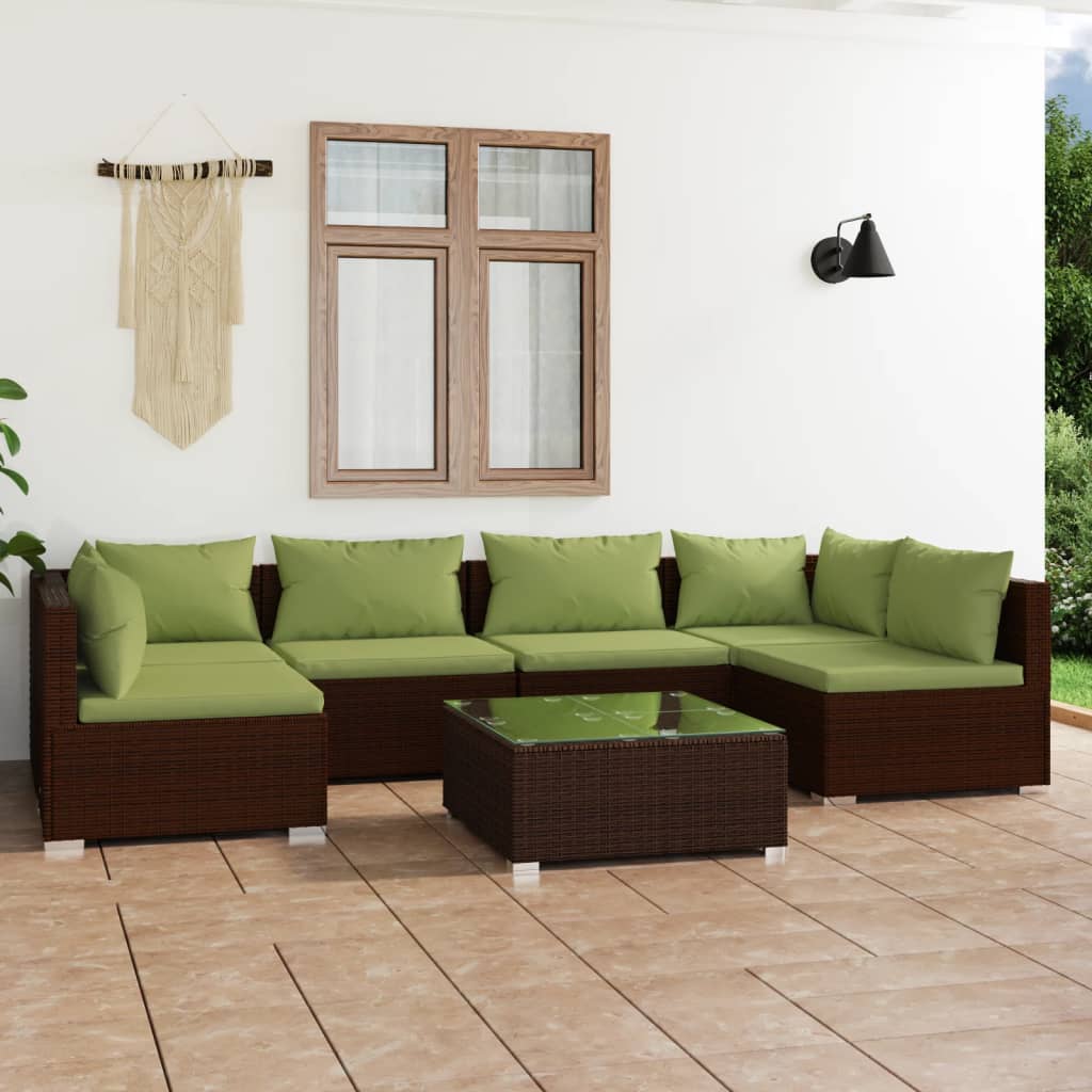 7 Piece Garden Lounge Set with Cushions Poly Rattan Brown