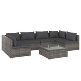 7 Piece Garden Lounge Set with Cushions Poly Rattan Grey - Front View