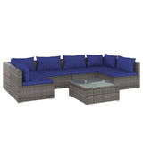 7 Piece Garden Lounge Set with Cushions Poly Rattan Grey - Front View