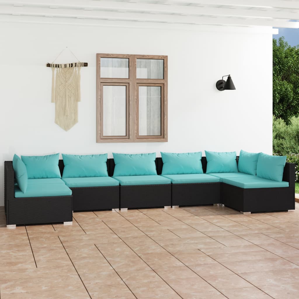 7 Piece Garden Lounge Set with Cushions Poly Rattan Black