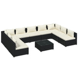 10 Piece Garden Lounge Set with Cushions Poly Rattan Black - Front View