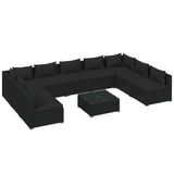 10 Piece Garden Lounge Set with Cushions Poly Rattan Black - Front View