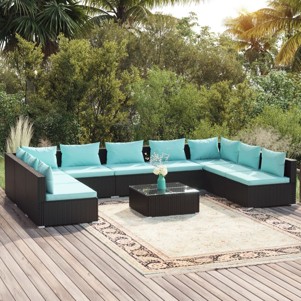 10 Piece Garden Lounge Set with Cushions Poly Rattan Black