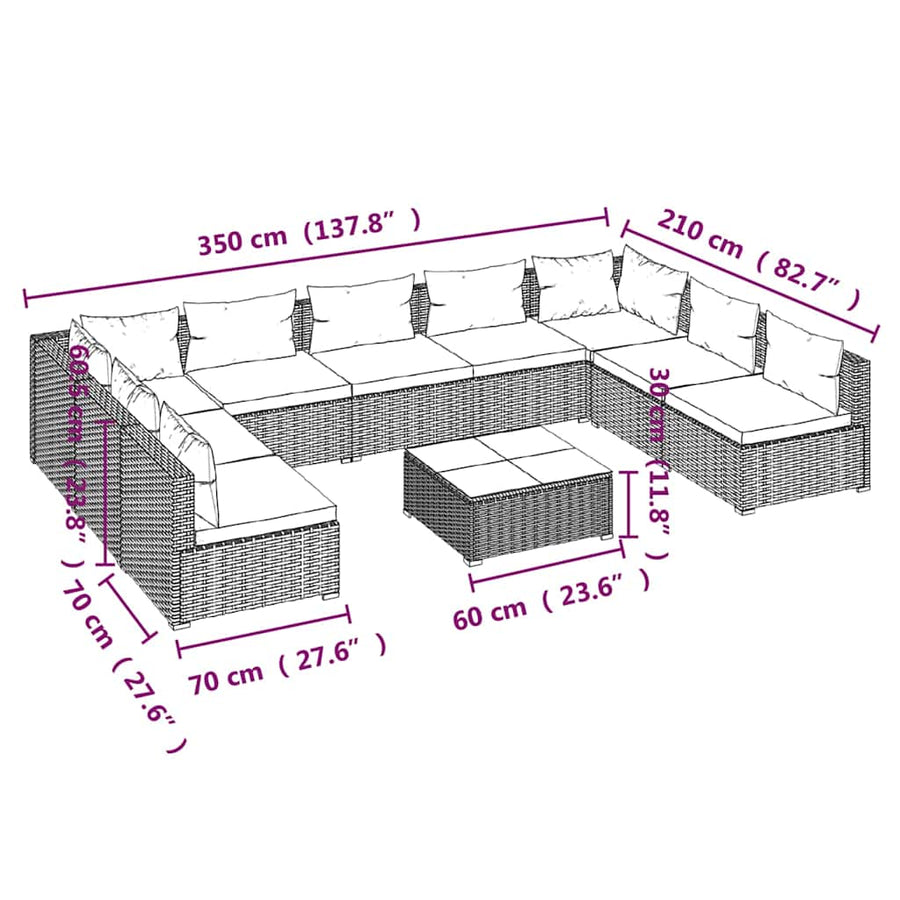 10 Piece Garden Lounge Set with Cushions Poly Rattan Grey