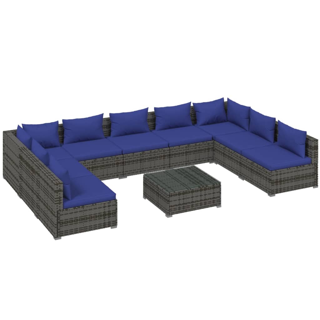 10 Piece Garden Lounge Set with Cushions Poly Rattan Grey