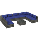 10 Piece Garden Lounge Set with Cushions Poly Rattan Grey - Front View