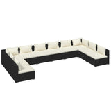 10 Piece Garden Lounge Set with Cushions Poly Rattan Black - Front View