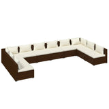 10 Piece Garden Lounge Set with Cushions Poly Rattan Brown - Front View