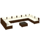 11 Piece Garden Lounge Set with Cushions Poly Rattan Brown - Front View