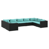 9 Piece Garden Lounge Set with Cushions Poly Rattan Black - Front View