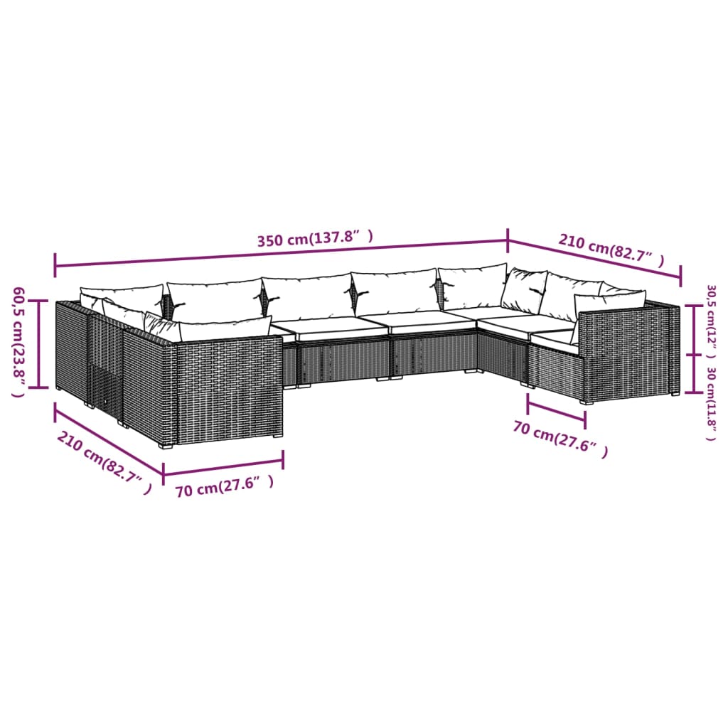 9 Piece Garden Lounge Set with Cushions Poly Rattan Brown
