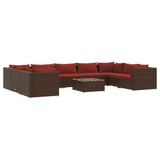 10 Piece Garden Lounge Set with Cushions Poly Rattan Brown - Front View