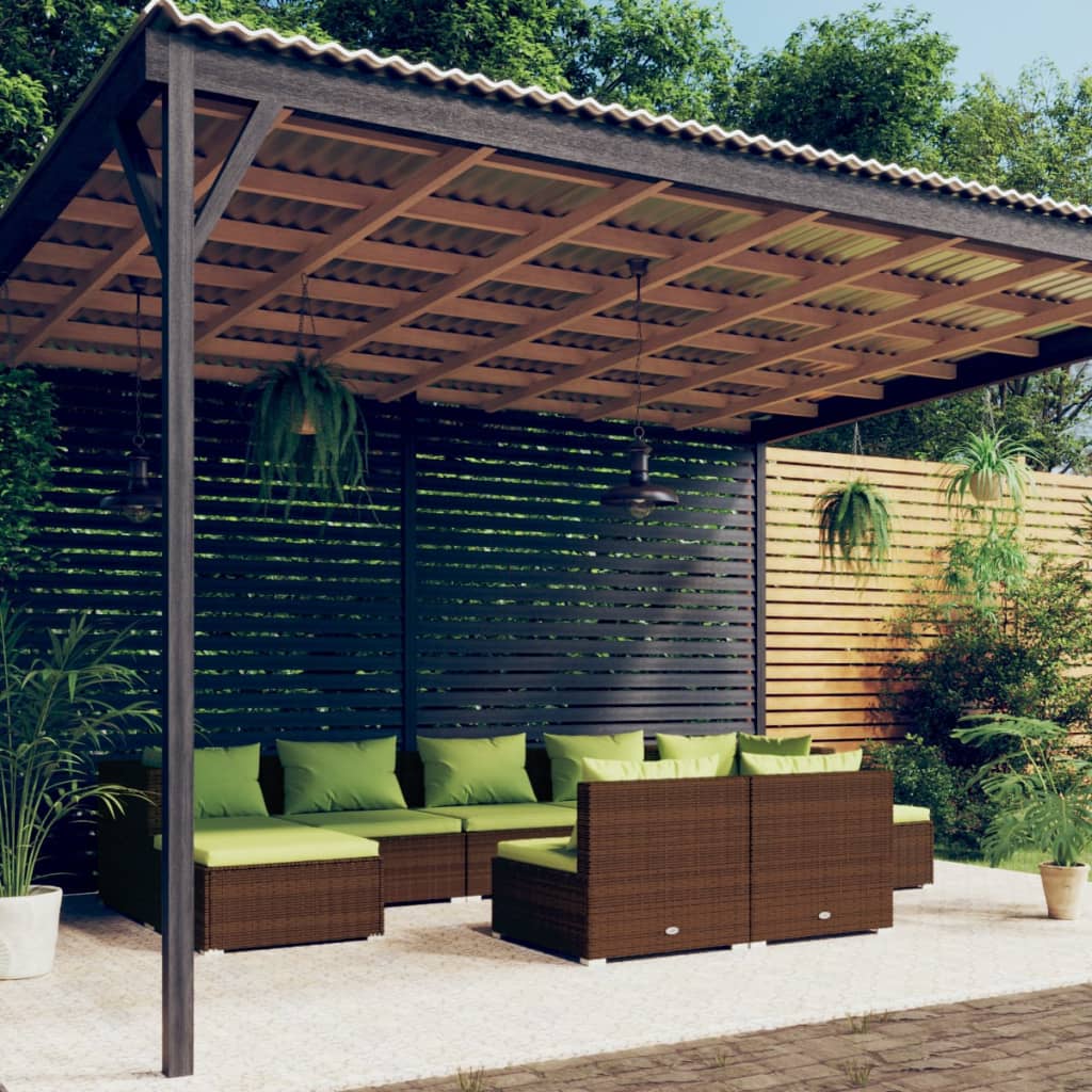 9 Piece Garden Lounge Set with Cushions Brown Poly Rattan