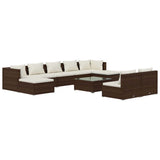 10 Piece Garden Lounge Set with Cushions Brown Poly Rattan - Front View