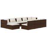 10 Piece Garden Lounge Set with Cushions Brown Poly Rattan - Front View
